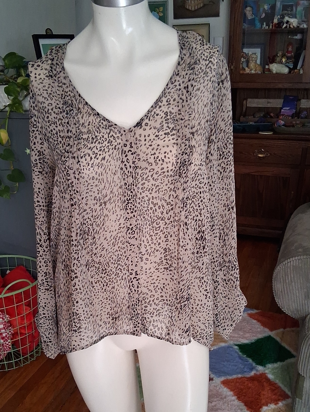 Pins & Needles Sheer Beige Leopard Print V-Neck Blouse